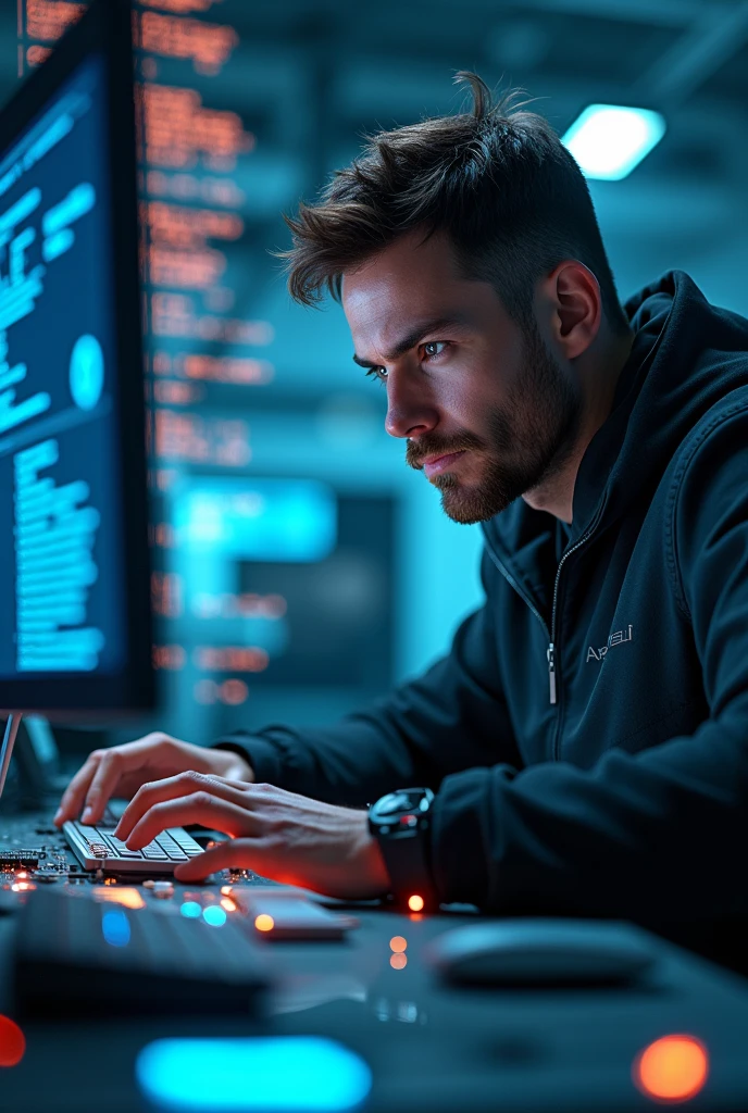 Man with code and tech