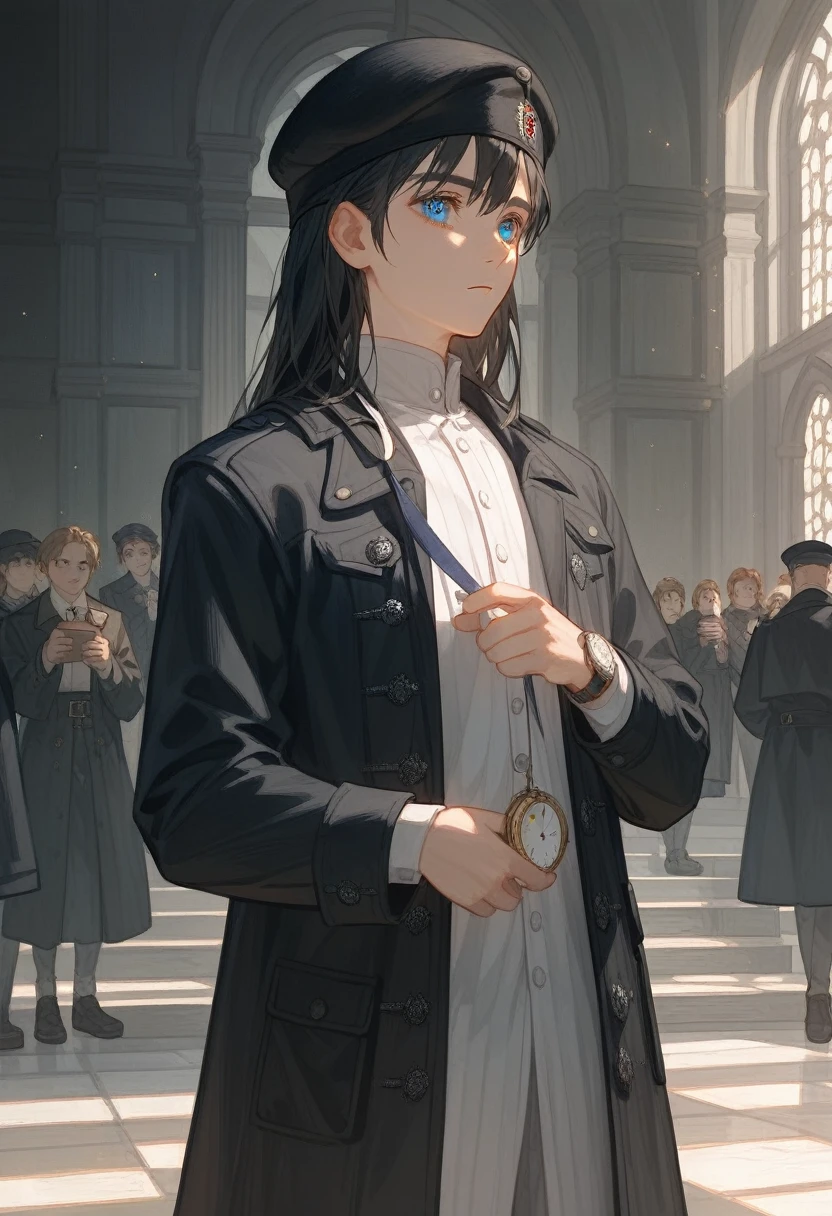 -year-ooy，Meval style，Black trench coat，Standing，whole body女恋，站在side，side对观众，Far from the audience，calm，high quality，8k，Ultra HD，masterpiece，Detailed facial depiction，Blue Eyes，Black Hair，Berets，Scholarly demeanor，young，Preschool，Bla coat，whole body，Preschool，Pocket watch inMedium long hair，（side对着观众），side，Turn your head to look at the audience，whole body