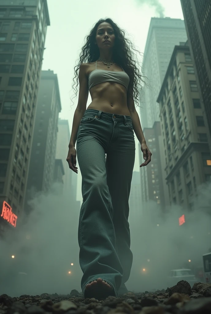 In a large garbage dump, an angel (Full body) is dressed in torn and rotten clothes that seem to blend seamlessly into the surroundings, against the background of New York skyscrapers, Her hair is unkempt and tangled, and her skin is covered with dirt and grime.