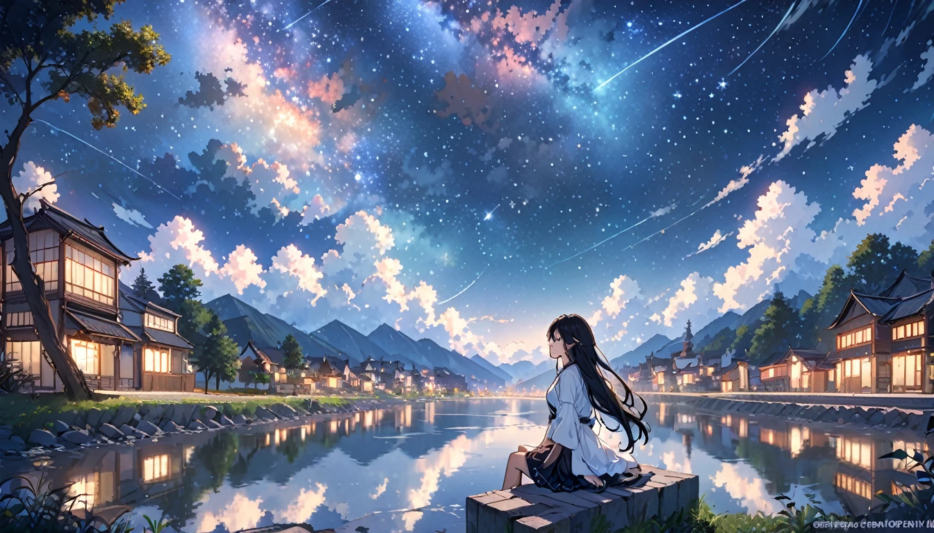 octans, sky, star (sky), scenery, starry sky, night, 1girl, night sky, solo, outdoors, building, cloud, milky way, sitting, tree, long hair, city, silhouette, cityscape