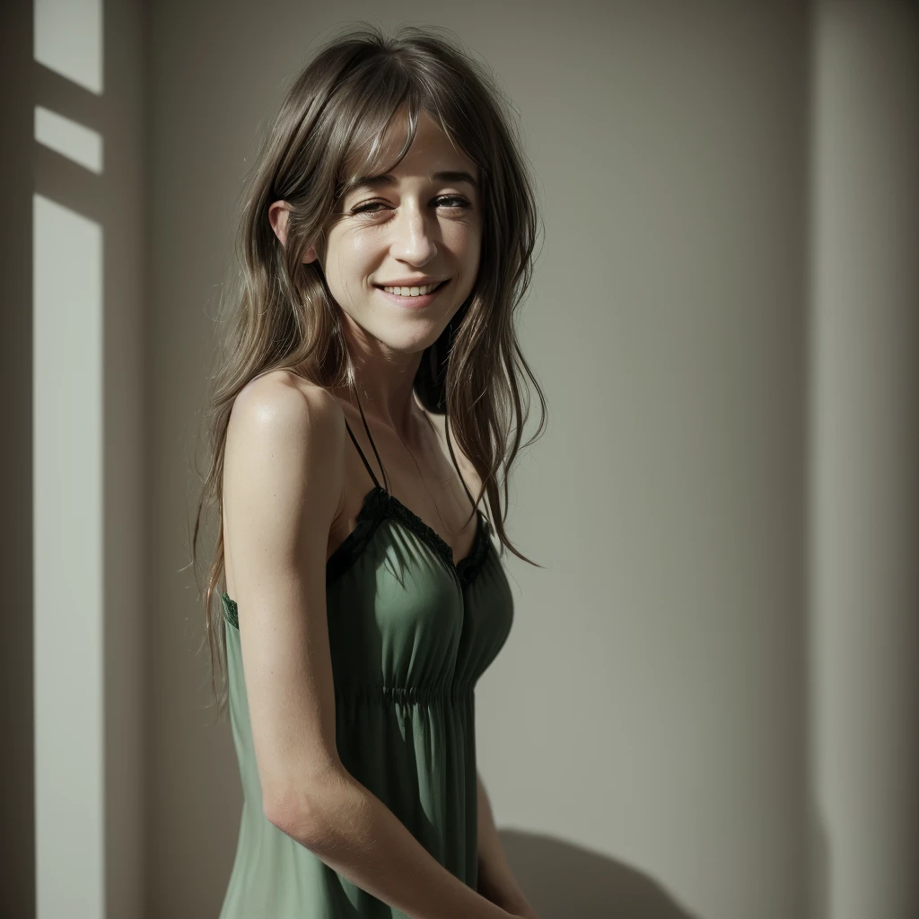A 23-year-old blonde girl with wavy hair, captured in an upper body closeup, with facial features reminiscent of Charlotte Gainsbourg. She is wearing a stylish green chemise that contrasts beautifully with her light complexion. Her iconic smile, subtly enigmatic and natural, radiates charm and confidence, perfectly highlighted in a noir-style ambient. The lighting is moody and dramatic, with soft shadows creating a deep sense of mystery and allure. The focus is sharp, bringing out every detail of her expression and the texture of her chemise, while the background remains blurred and minimalistic, enhancing the noir aesthetic. (green chemise:1.4), (iconic smile:1.5), (noir lighting:1.4), (sharp focus:1.4), (depth of field:1.3), (dramatic shadows:1.2), (Charlotte Gainsbourg facial features:1.3)