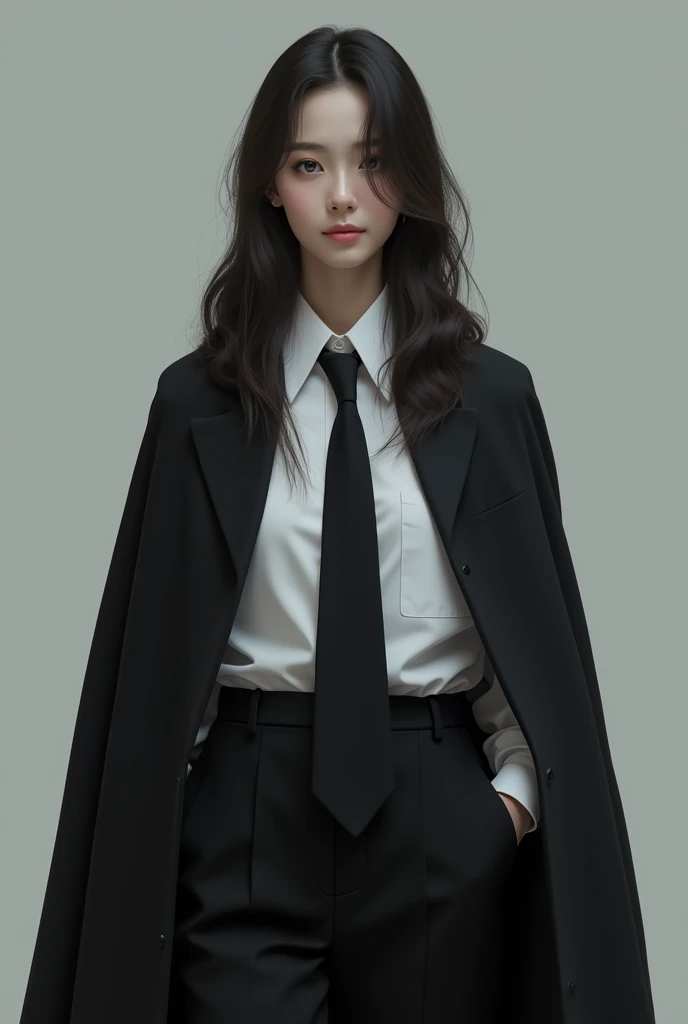 Quiet girl、smile、Black trousers、black tie、Black Cape、White Shirt