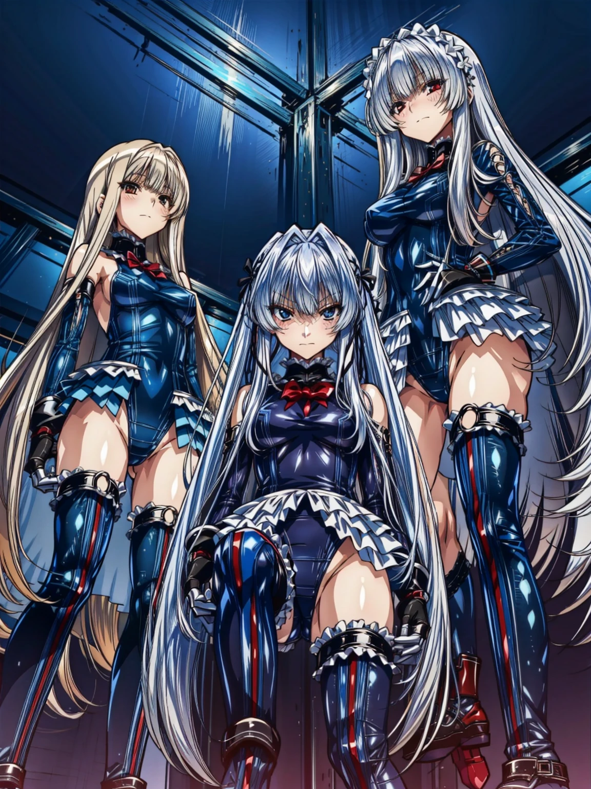 Perfect Anatomy, Highest quality, rose,,Provocative attitude
(Inside the futuristic base:1.1)(Emotionless,Expressionless:1.4),Anime Style,(Ruffled swimsuit, Knee socks, Removed sleeve), (Anime Style:1.4) ,(Three Girls:1.5),
Silver Hair,(White fingers:1.1,Black gloves),Very long hair,Evil Aura,(From directly below:1.4),whole body