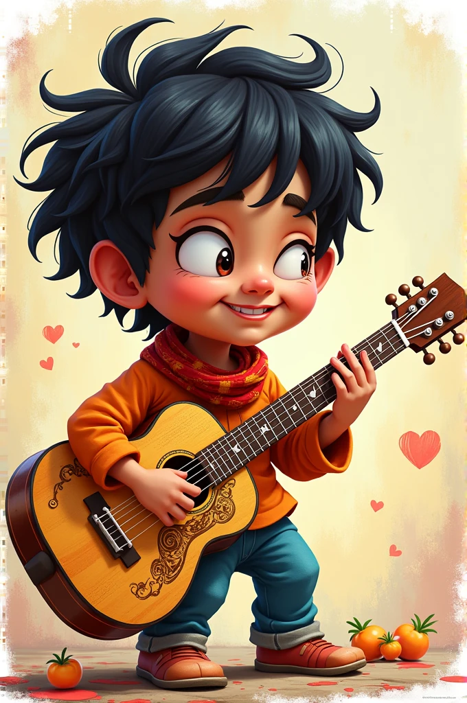 Caricature of a fair indian boy with slightly asian eyes playing guitar