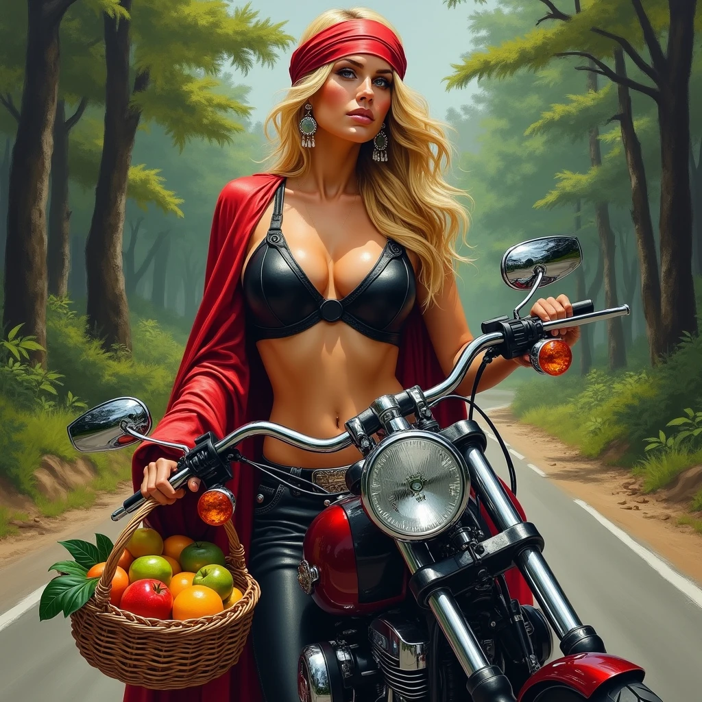 Confident blonde, ((Stand in front of the motorcycle)), ((Ride on a Harley motorcycle)),(Girls wear:red head band, cloaks, big bust bra, a skirt, red long skirt,laced dress,Carrying a basket of fruit),Exquisite jewelry,耳Nipple Ring,Background with:Jungle trails,freeway,There are dense woods on the roadside,,((Sexual suggestiveness)),Correct anatomy,Detailed face, Detailed eyes,(post impressionist),(Fechin Oil Painting - Fechin Oil Painting , oil painted), 0