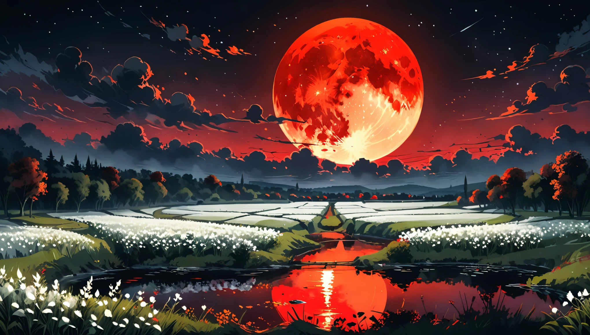 [in style of Charles-Francois Daubigny]
(landscape scene concept design, long shot),night,white plant,multicolor fluorescence,solo only burning blood red  moon