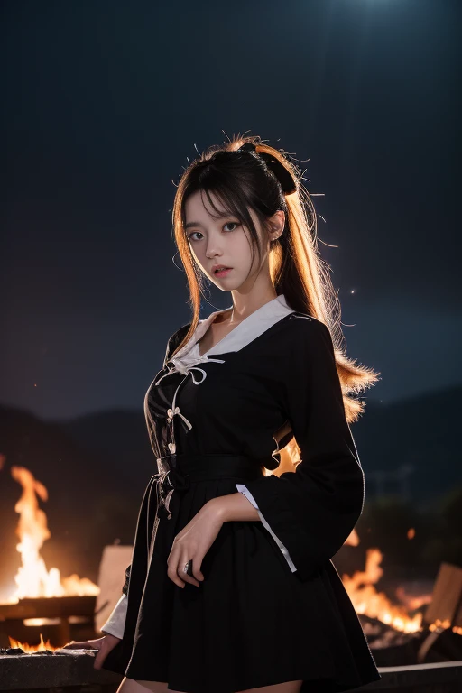 (8K、Original Photography、Top quality、masterpiece:1.2)、(realism、Photorealistic:1.37)、Professional lighting、Photon Mapping、Radio City、Physically Based Rendering、The situation is tense、evening、Cinematography、Japanese special effects film、1 Girl、(Beautiful young Japanese woman、Idol Actress、)、(Lolita clothing:1.15)、(Focus on the thighs):1.5),Ponytail、By Bangs、Dark grey hair、black eyes、Rough face、Asamiya Saki bad girl、(Standing good looking)、Double eyelids、Smooth and radiant skin、night,((Explosion and fire in the background,Fulminant inflammation,Ashes flying in flames))、Long legs,