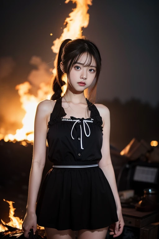 (8K、Original Photography、Top quality、masterpiece:1.2)、(realism、Photorealistic:1.37)、Professional lighting、Photon Mapping、Radio City、Physically Based Rendering、The situation is tense、evening、Cinematography、Japanese special effects film、1 Girl、(Beautiful young Japanese woman、Idol Actress、17 years old)、(Lolita clothing:1.15)、(Focus on the thighs):1.5),Ponytail、By Bangs、Dark grey hair、black eyes、Rough face、Asamiya Saki bad girl、(Standing good looking)、Double eyelids、Smooth and radiant skin、night,((Explosion and fire in the background,Fulminant inflammation,Ashes flying in flames))、Long legs,