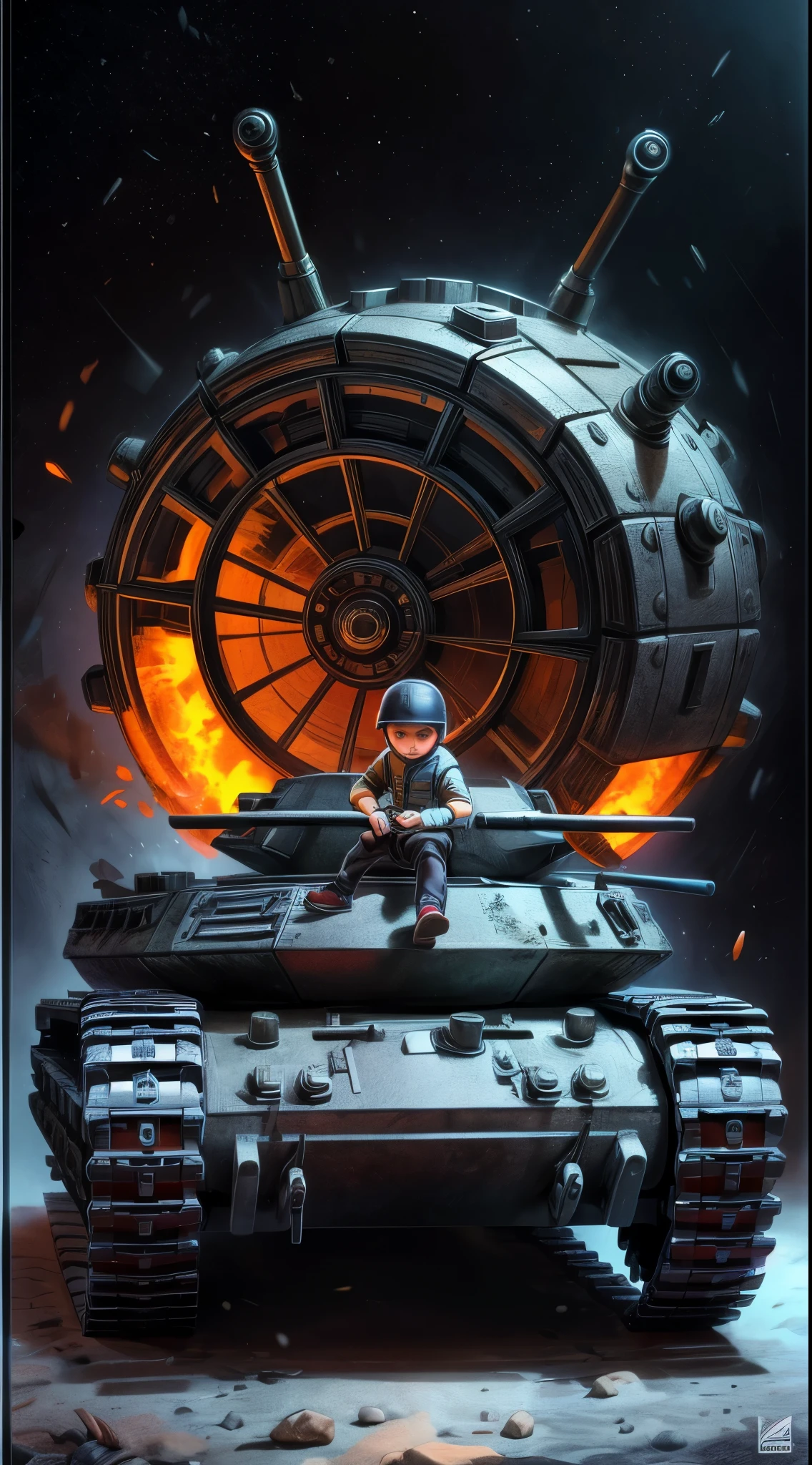 a boy playing with an armored tank toy:1.5, detailed portrait, realistic, hyper detailed, 8k, photorealistic, sharp focus, physically-based rendering, extreme detail description, vibrant colors, warm lighting, intricate details, realistic textures, smooth shading, gorgeous rendering, highly detailed, masterpiece