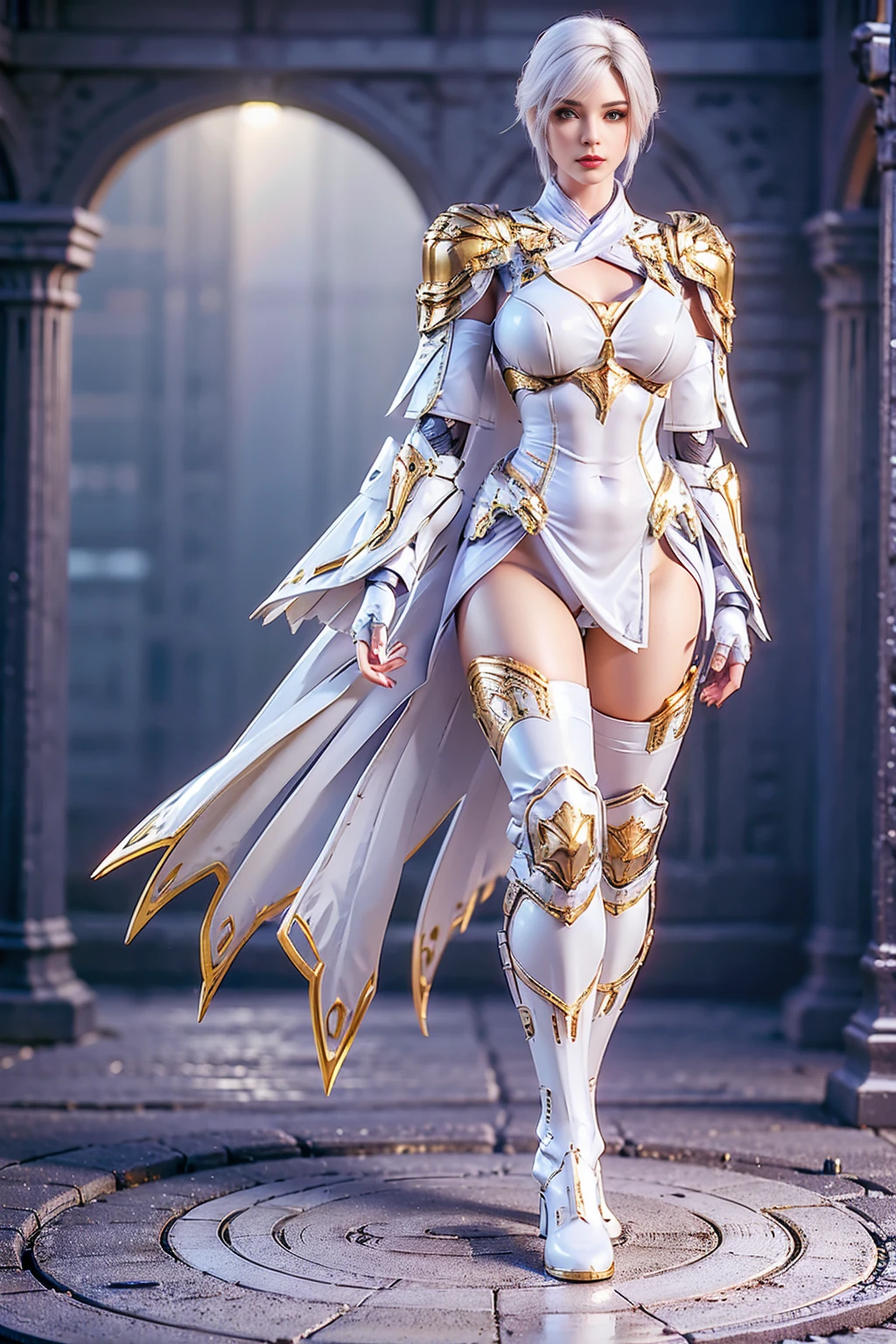 8K, HDR, Extremely realistic textures, Sharp texture, high resolution, best quality. Futuristic Characters, whole body, slim, (slim), tall and big, short hair, White hair, Wear gold mecha armor, white body stockings, Wear pants, boots, Wear (Knee pads), Gloves, shawl. standing perfectly in the castle.