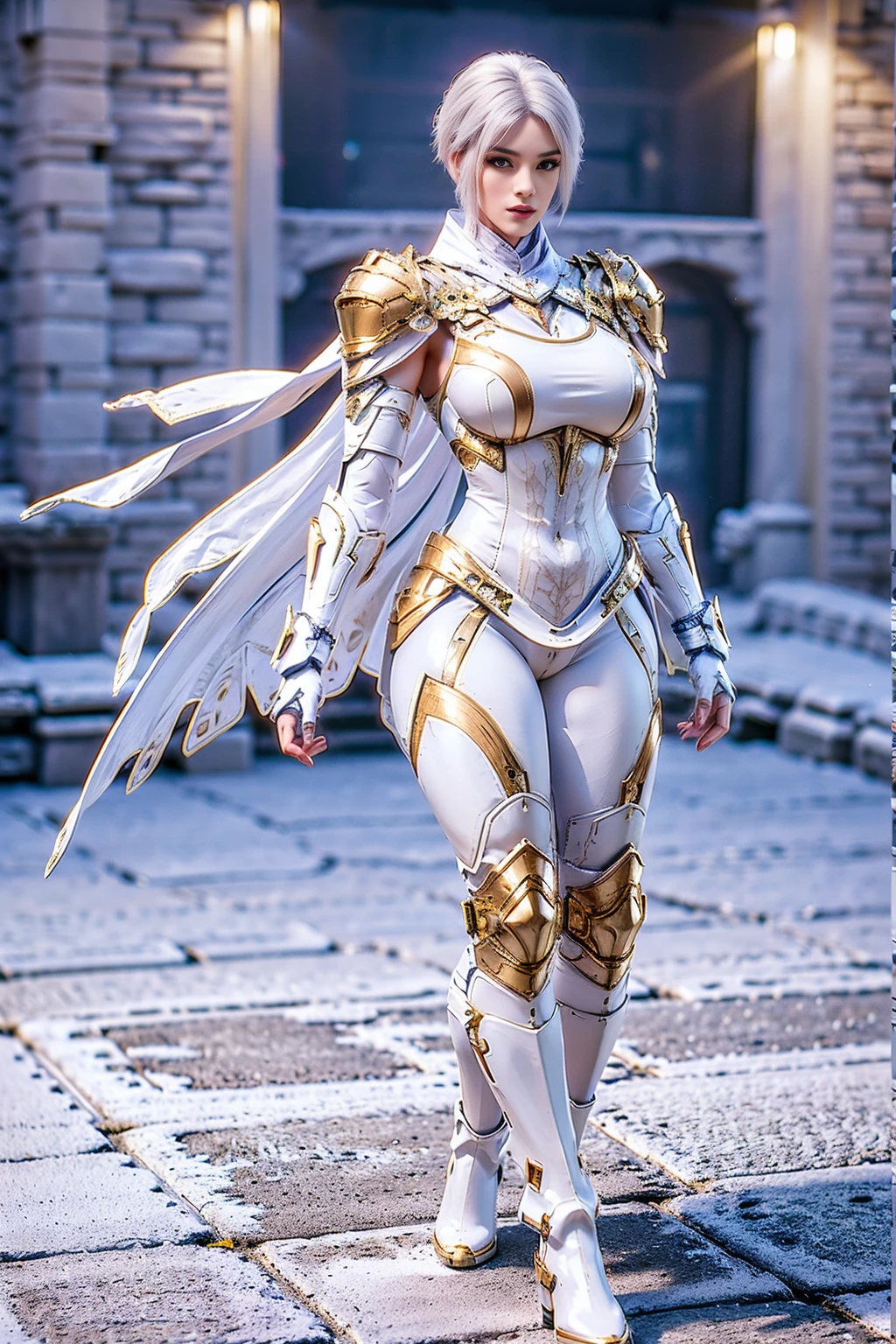 8K, HDR, Extremely realistic textures, Sharp texture, high resolution, best quality. Futuristic Characters, whole body, slim, (slim), tall and big, short hair, White hair, Wear gold mecha armor, white body stockings, Wear pants, boots, Wear (Knee pads), Gloves, shawl. standing perfectly in the castle.