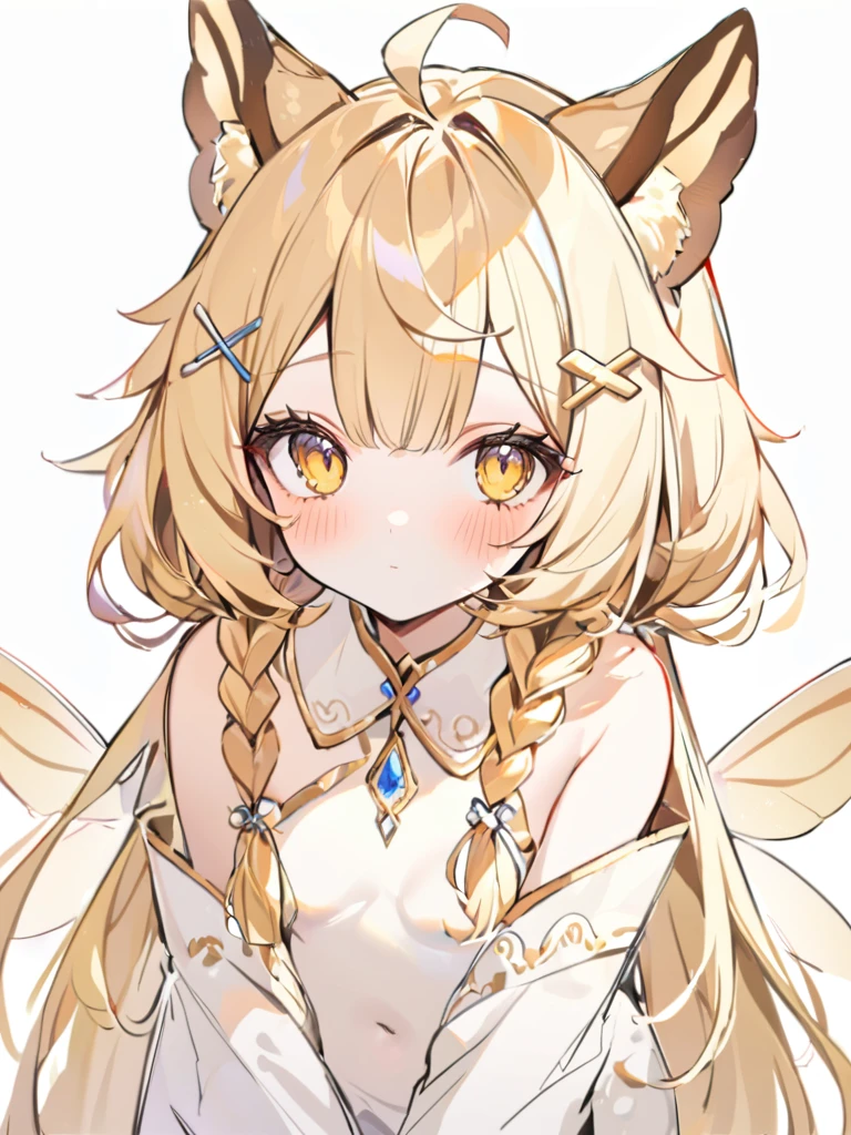 1girl, ahoge, animal ears, bangs, bare shoulders, blonde hair, blush, closed mouth, eyeshadow, hair ornament, hairclip, long hair, looking at viewer, portrait, sketch, solo, upper body, white background, x hair ornament, yellow eyes,moth ears, white clothes, eyelashes in the form of wings, hair tied in two braids, beige shimmers with white, white at the tips,full-length, separate fluffy collar,, gradient at the ends of the hair is white,It stands, in full height, from head to toe , come up with clothes,white slippers, bare belly, separate tight-fitting long sleeves