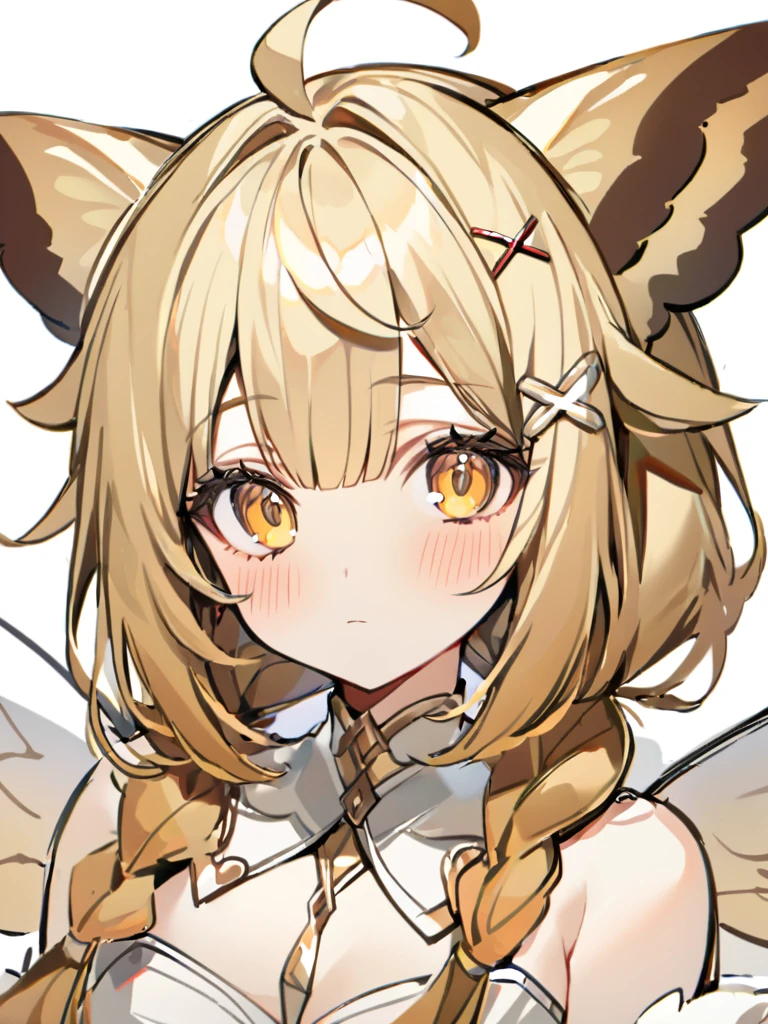 1girl, ahoge, animal ears, bangs, bare shoulders, blonde hair, blush, closed mouth, eyeshadow, hair ornament, hairclip, long hair, looking at viewer, portrait, sketch, solo, upper body, white background, x hair ornament, yellow eyes,moth ears, white clothes, eyelashes in the form of wings, hair tied in two braids, beige shimmers with white, white at the tips,full-length, separate fluffy collar,, gradient at the ends of the hair is white,It stands, in full height, from head to toe , come up with clothes,white slippers, bare belly, separate tight-fitting long sleeves 