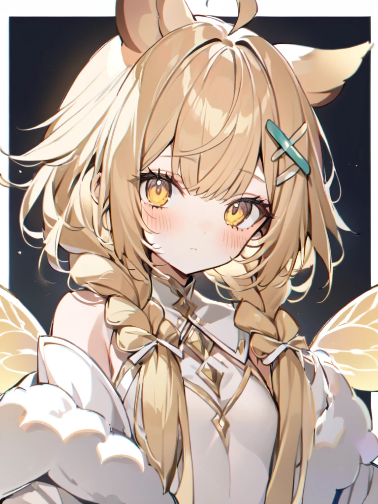 1girl, ahoge, animal ears, bangs, bare shoulders, blonde hair, blush, closed mouth, eyeshadow, hair ornament, hairclip, long hair, looking at viewer, portrait, sketch, solo, upper body, white background, x hair ornament, yellow eyes,moth ears, white clothes, eyelashes in the form of wings, hair tied in two braids, beige shimmers with white, white at the tips,full-length, separate fluffy collar,, gradient at the ends of the hair is white,It stands, in full height, from head to toe , come up with clothes,white slippers, bare belly, separate tight-fitting long sleeves