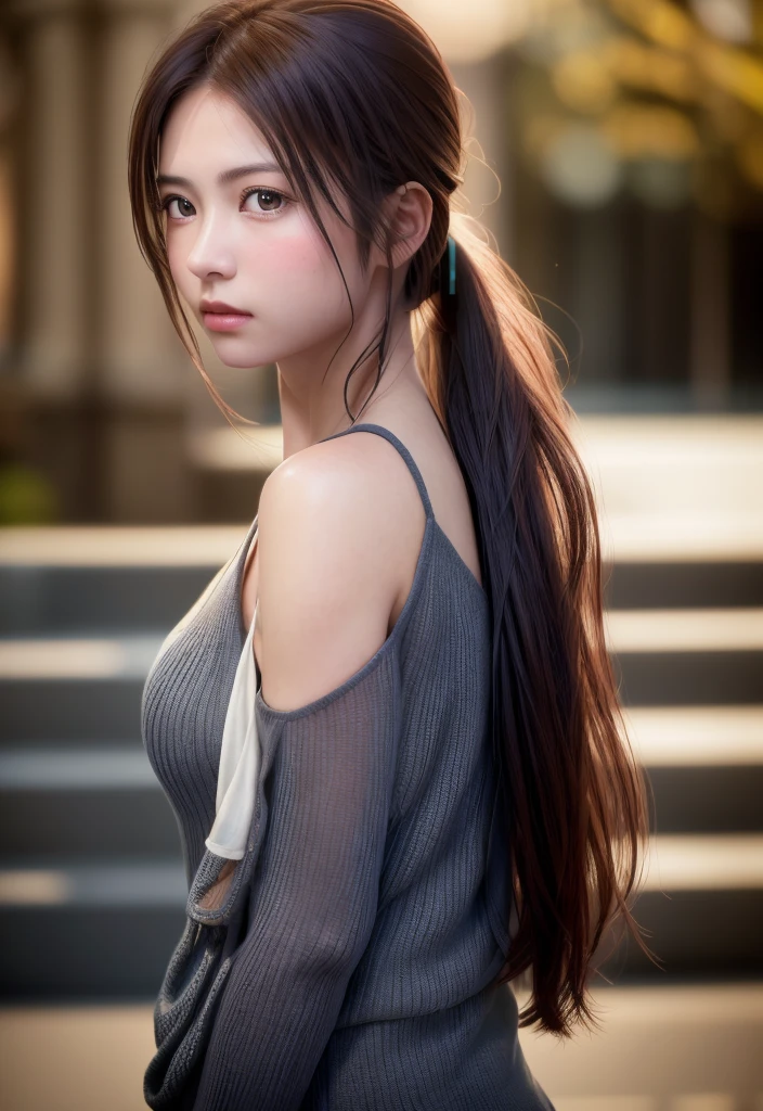 8K, of the highest quality, masutepiece:1.2), (Realistic, Photorealsitic:1.37), of the highest quality, masutepiece, Beautiful young woman, Pensive expression, Thoughtful look, Elegantly dressed, Hair tied back, Messy mood, Cinematic background, Tired, Light skin tone