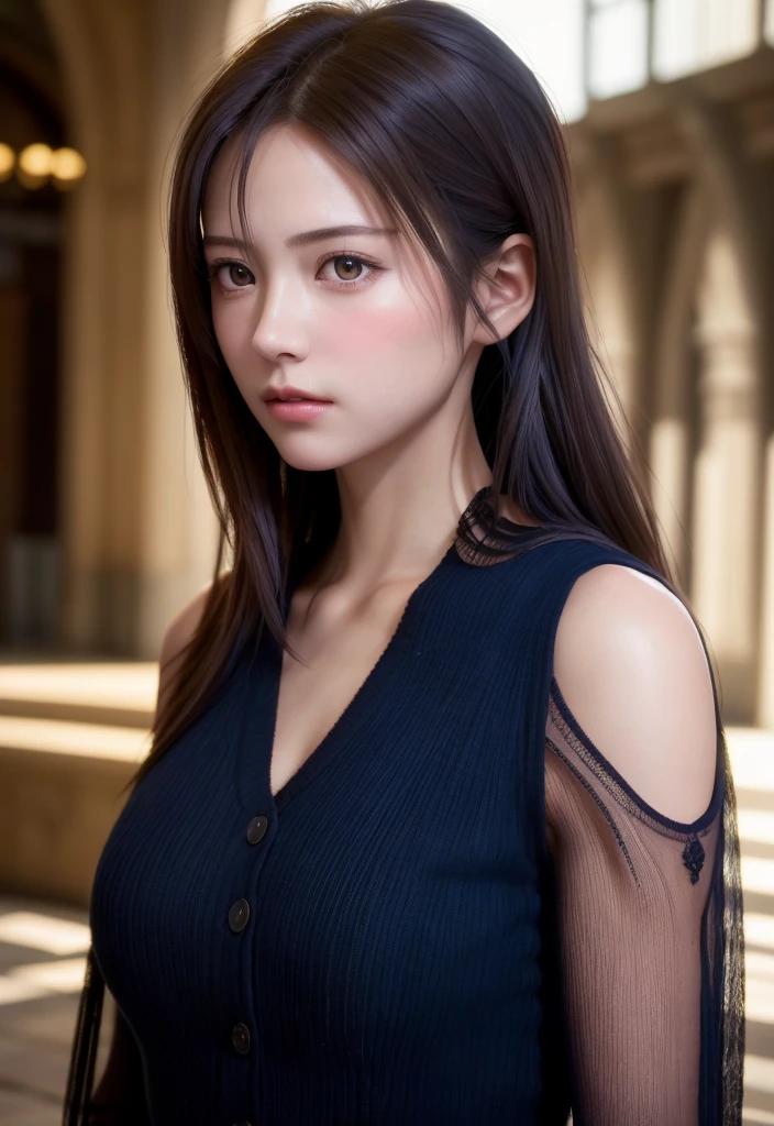 8K, of the highest quality, masutepiece:1.2), (Realistic, Photorealsitic:1.37), of the highest quality, masutepiece, Beautiful young woman, Pensive expression, Thoughtful look, Elegantly dressed, Hair tied back, Messy mood, Cinematic background, Tired, Light skin tone