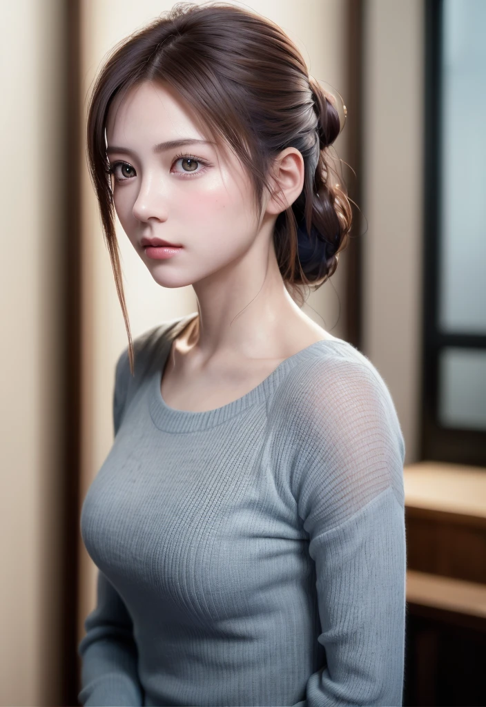 8K, of the highest quality, masutepiece:1.2), (Realistic, Photorealsitic:1.37), of the highest quality, masutepiece, Beautiful young woman, Pensive expression, Thoughtful look, Elegantly dressed, Hair tied back, Messy mood, Cinematic background, Tired, Light skin tone