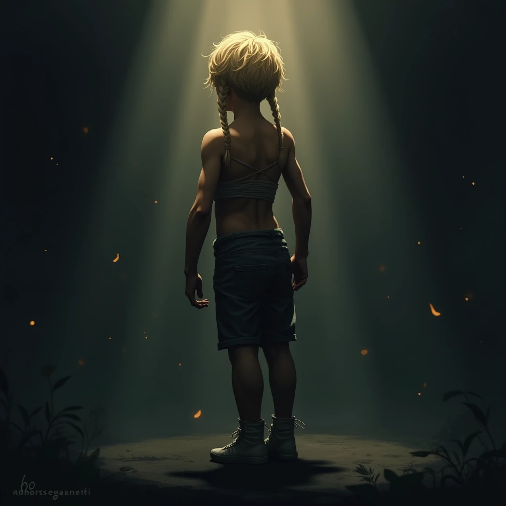 A light in the darkness A boy with blonde braids and a tied up body The protagonist of a game He turns his back, his face cannot be seen