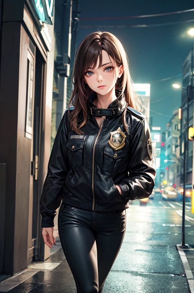 Portrait of a beautiful female model natlp, Georgia Fowler, Beautiful Face, Short dark brown hair, Cyberpunk city at night. She is wearing a leather jacket, Black jeans, Dramatic lighting, (Police Badge:1.2)