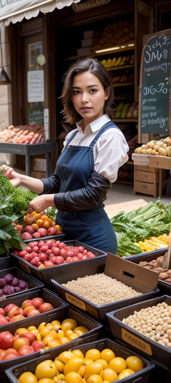 une femme, (marché alimentaire d'Asie du Nord-Est, rue étroite, la nuit), clientèle, visage rond, (portant divers tabliers courts à motifs traditionnels sur nu), (jolie fille du personnel du stand accroupie légèrement et écartant les jambes), (exhiber éjacule)), tresser, lunettes à bord fin,
