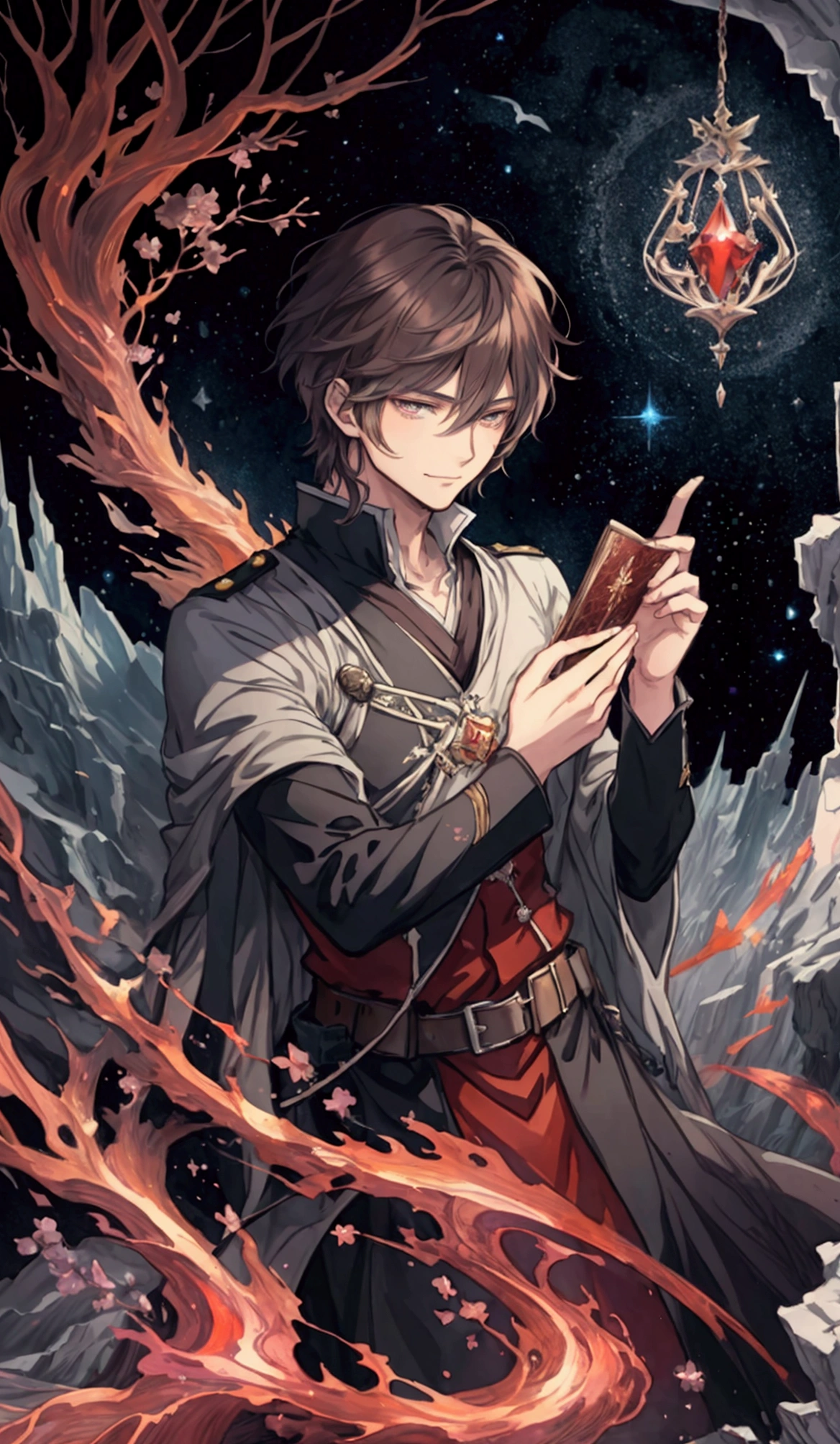 (Masterpiece), ((Highest Quality)),(Official Art),magical epic:1.2),(1 solo anime boy: 1.3). A young man with short hime cut, dark brown hair, gray eyes, and smug smirk. He wears a red military uniform with a crimson red coat. Lots of shimmering jewels surrounds him. Detailed picture. Detailed eyes. Masculine jaws. Full body. Soft fairytale picture book Arthur Rackham. Colorful, best detailed ((super detailed)), (highly detailed 2D anime boy illustration), ((magical and beautiful))