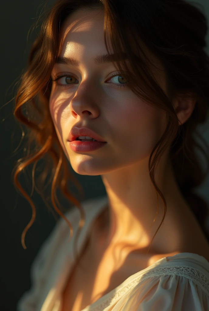 a nude woman, beautiful detailed face, detailed eyes, detailed lips, detailed nose, detailed skin, porcelain skin, slender body, graceful pose, ethereal, goddess-like, dramatic lighting, dramatic shadows, chiaroscuro, oil painting, cinematic, vibrant colors, warm tones, glowing skin, (best quality,4k,8k,highres,masterpiece:1.2),ultra-detailed,(realistic,photorealistic,photo-realistic:1.37)