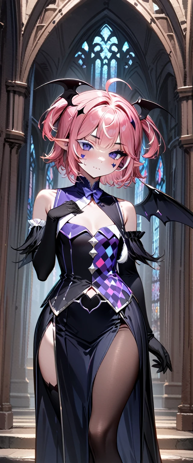 UHD, masterpiece, best quality, extremely detailed, anatomically correct, sharp focus, Midnight, Church , altar isle, full body portrait, 1girl, solo, camilavtuber, pink hair, short hair, shoulder length hair, (black head wings), twin ponytail, purple eyes, facial mark, slim arms, black arm sleeves, black gloves, small chest, 1devil wing, tail, black long gown, high slit gown, black stockings, black high heels, full body shot, close up, innocent pose, Eye-Level Shot, front view, innocent pose