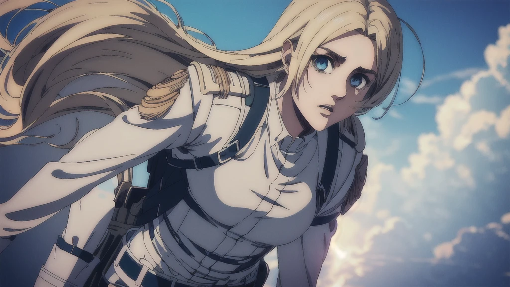 mappastyles4,best quality, masterpiece, official style, official art,((1girl)), solo,19-year-old female character, detailed light blue eyes highlight light reflecting in her eyes, perfect face, long blonde hair with cute fluffy bangs well styled, fair skin, perfect hourglass body, she has sharp jawline, belt, paradis military uniform, using the three-dimensional maneuver gear,The artwork should have the best quality, with ultra-detailed and realistic features. The color palette should be vivid, and the lighting should emphasize the character's facial structure and expression.
