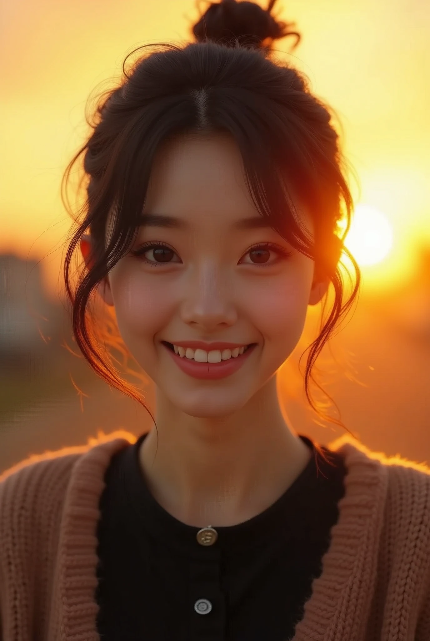 Highest quality, 超High resolution, (Realistic:1.4),Sunset Light, ponytail, Japanese women, Detailed Photos, smile, sexy, Black Shirt, To the camera, close (masterpiece: 1.3), (8k, Realistic, Highest quality: 1.4), (One cute girl), Beautiful Face, (Realistic Face), (Black Hair, short hair: 1.3), Beautiful hairstyle, Realistic eyes, Beautiful details in the eyes, (Realistic Skin), Beautiful Skin, (sweater), Absurd, Charm, Super High resolution, Ultra-realistic, High resolution, Golden Ratio