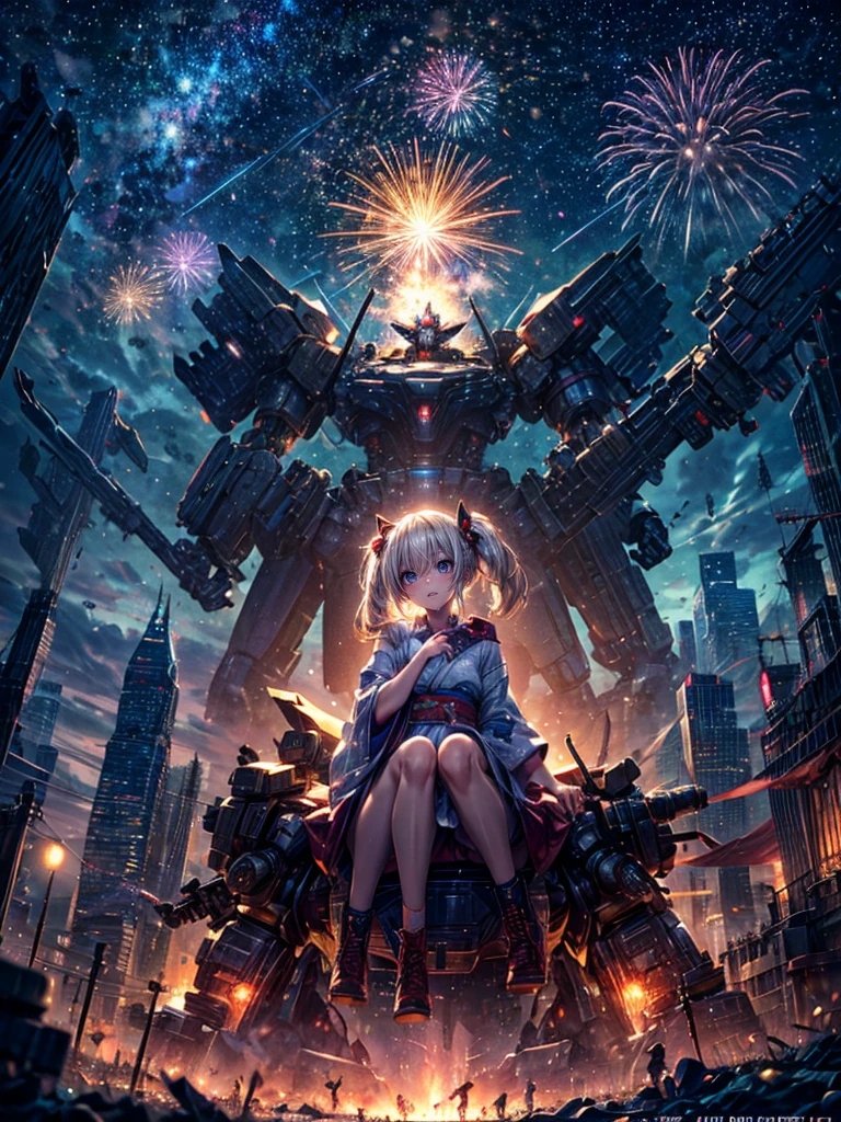 High resolution, Winner of numerous awards, Ultra high definition, Textured skin, Retina,
masterpiece,(bestquality),highlydetailed,ultra-detailed,1girl, (A composition where a girl is sitting on the shoulder of a giant robot or in the palm of a giant robot’s hand.:1.4)(robot)(fantasylandscape:1.2,natural lighting:1.5,confidentexpression),(panorama:1.2),mecha, smile,angle、chrome,raw(A beautiful girl in a yukata with blonde twin tails:1.5)Fireworks go off🎇、(Fireworks lighting)(Starry Sky)