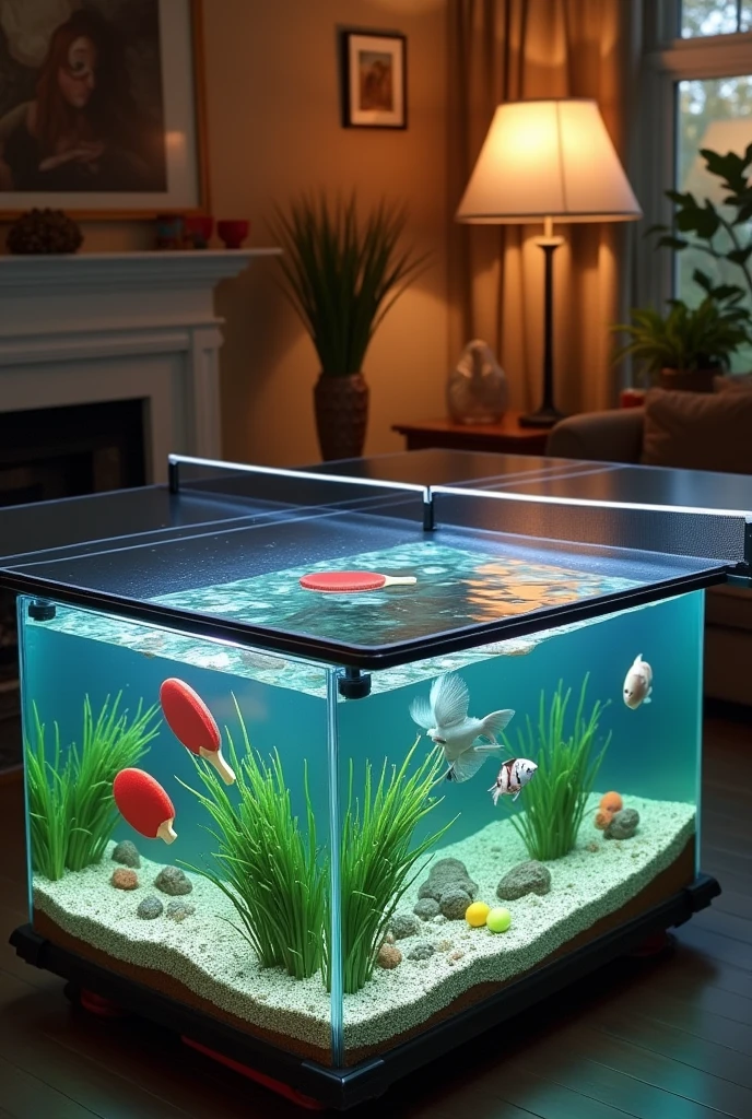 Help create a picture with a ping pong table with a fish tank under the table.