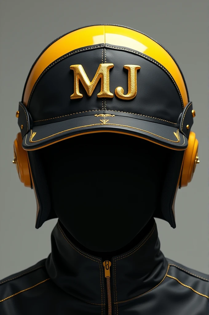 A hat with an aeronautical design in black and yellow with gold details, featuring the letters MJ on the front.