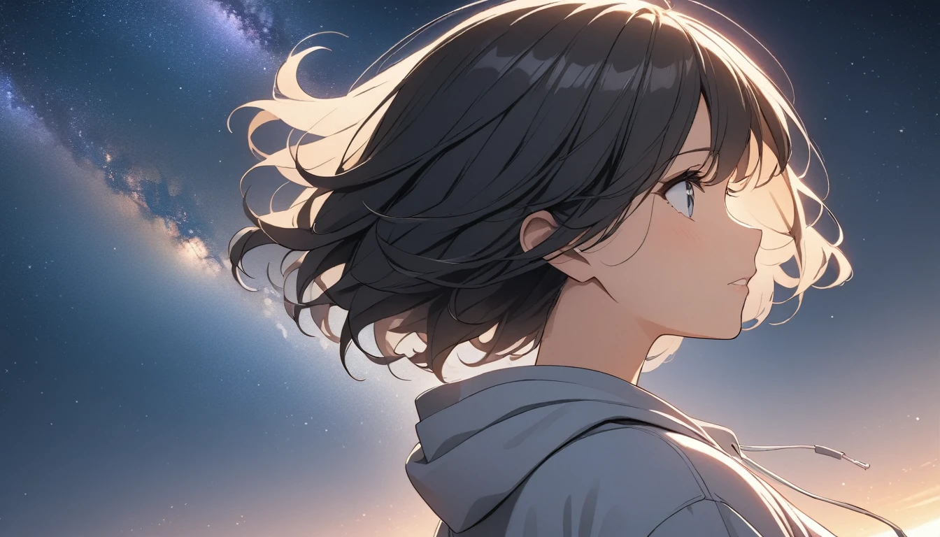 Starry Sky、milky way、One woman、Black Hair、Short Hair、Hair blowing in the wind、profile、Wearing a hoodie、Back view、Upper Body、Low - Angle
