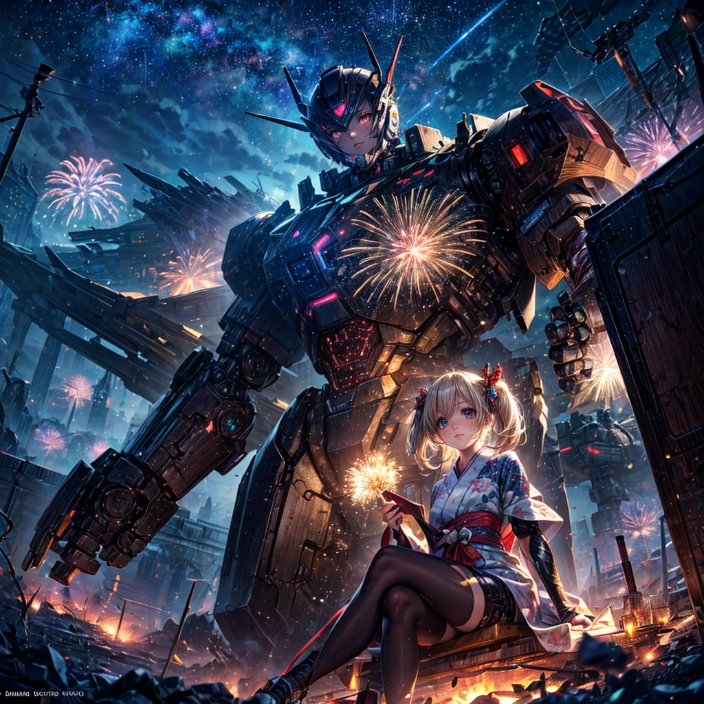 High resolution, Winner of numerous awards, Ultra high definition, Textured skin, Retina,
masterpiece,(bestquality),highlydetailed,ultra-detailed,1girl, (A composition where a girl is sitting on the shoulder of a giant robot or in the palm of a giant robot’s hand.:1.4)(robot)(fantasylandscape:1.2,natural lighting:1.5,confidentexpression),(panorama:1.2),mecha, smile,angle、chrome,raw(A beautiful girl in a yukata with blonde twin tails:1.5)Fireworks go off🎇、(Fireworks lighting)(Starry Sky)