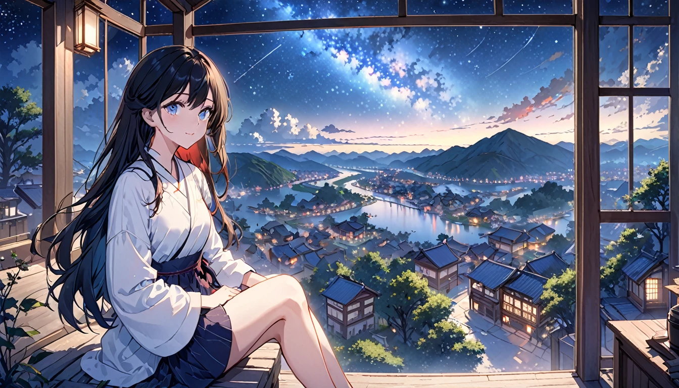 beautiful detailed glow, best quality, octans, sky, star (sky), scenery, starry sky, night, 1girl, night sky, solo, outdoors, building, cloud, milky way, sitting, glassy eyes, tree, long hair, city, silhouette, cityscape, panoramic