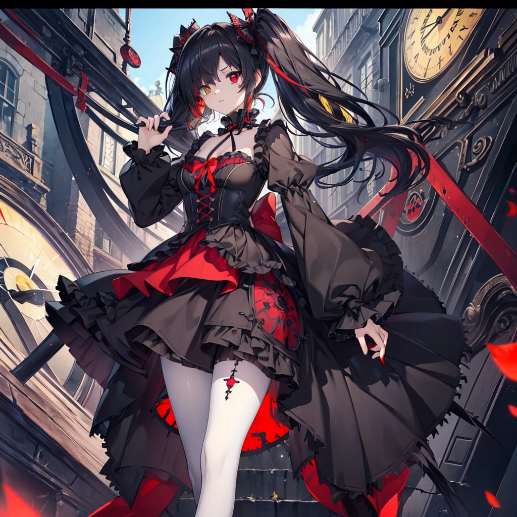 masterpiece, 最high quality, high quality, High resolution, Absurd, Very detailed, Best Anatomy, Detailed eyes, Perfect Eyes, The body is slim, Slim legs, One girl, alone,Very small breasts and a super body,tokisaki kurumi, Clock Eye, Black Hair, Twin tails, (Red eyes:1.5), (Yellow Eyes:1.5), (Heterochromia iridis:1.5),, tokisaki kurumi, Clock Eye, Black Hair, low Twin tails, (Hair on one eye:1.5), (Red eyes:1.5),, , Jacket, pantyhose, Pleated skirt, black pantyhose,, hair band, dress, bow, ribbon, (Gothic fashion:1.5), Gothic,