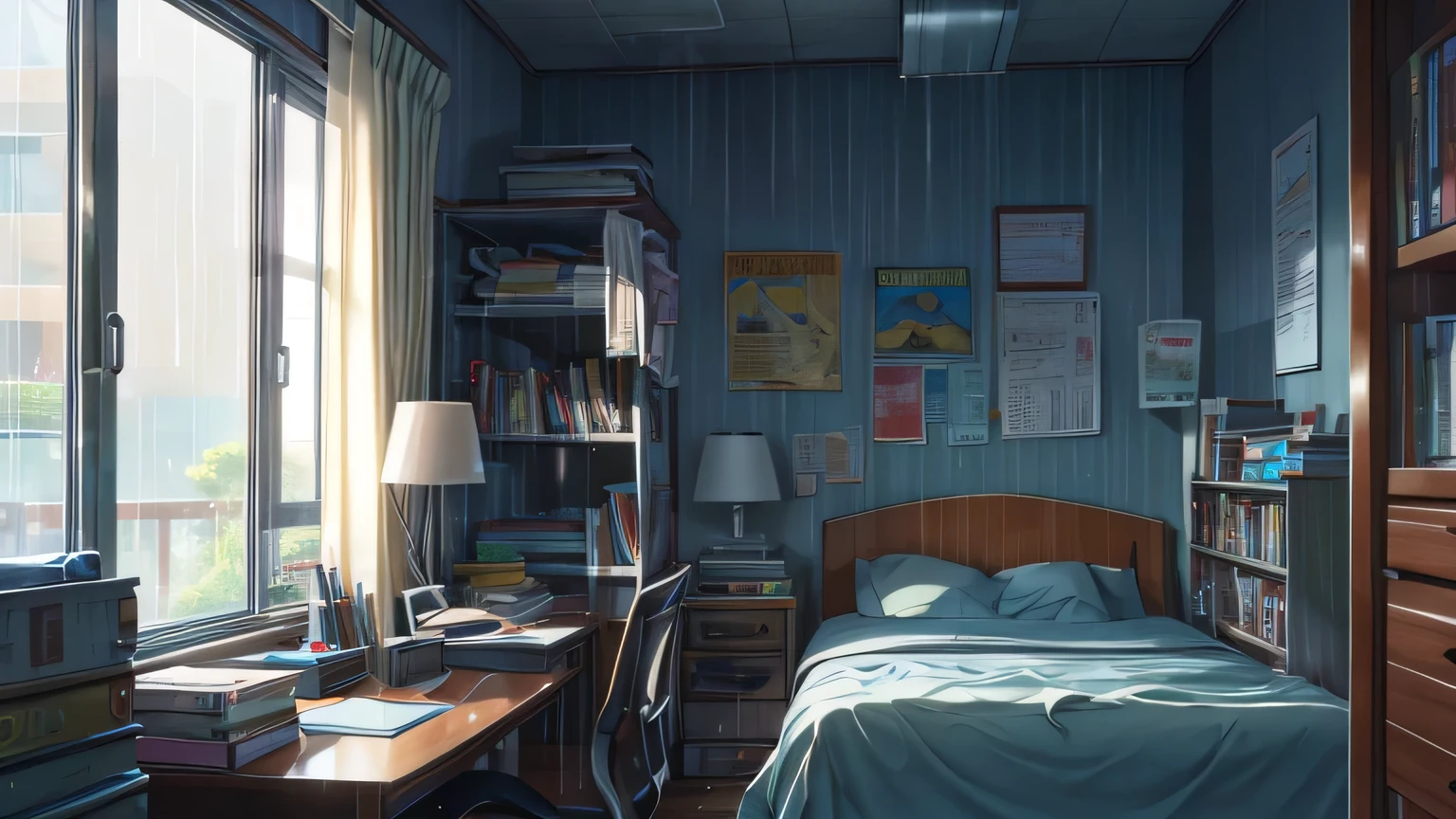 A student is in their room,, surrounded by books and notes, as the rain gently taps on the window.. They're focused, but occasionally they glance outside, feeling the calmness that the rain brings,.