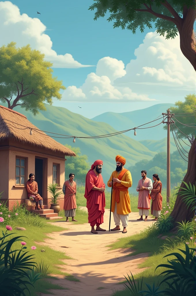 Create a heartwarming and peaceful scene that symbolizes the unity between Hindu and Muslim communities in Bangladesh. The setting should be a village market square during the day, where people from both communities are interacting harmoniously.
Center Focus: A small tea stall with a few people sitting together. The stall has an old wooden bench where a Muslim man with a traditional prayer cap and a Hindu man with a tilak on his forehead share a cup of tea and a friendly conversation.
Background: In the background, depict a Muslim family buying sweets from a shop labeled "Misti Bhandar," while a Hindu family walks by a mosque nearby. The mosque and a temple should be visible in the same area, symbolizing coexistence.
Details: Include a rickshaw passing by with a driver and passenger, one Hindu and the other Muslim, smiling and exchanging greetings. Children of different religions are seen playing together, emphasizing the harmony.
Environment: The environment should feel warm and inviting, with natural elements like trees, and the sky should be bright with a few clouds. The colors should be vibrant, reflecting the joyful and peaceful atmosphere of the scene.