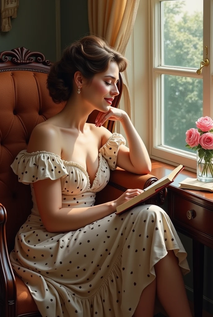 A Highly detailed, realistic oil painting of a elegant woman painitng her toe nails, while looking out the window,, Glass jar with pink roses on side table, slumped down in a chair with her feet upshe fell asleep while reading a book, she is nodding off, by open window , {{net curtains blowing with window breeze breeze}} clay interior walls, her eyes closed, perfect arms and hands, elegant in nature, beautiful backlighting on hair, full lips, wavy hair, up-do, her elbow leaning on arm of chair, {{Antique rosewood armchair / Georgian button back chair}}, with her hand resting under her chin, smiling about the events of the day, wearing a beautiful polka dots dress, with exposed cleavage, {{}}  exposed and hanging out, {{1  out  from }}, ((golden ratio}} sleepy after a long day, a sensual painting, a Beautiful expressive painting, Wadim Kashin. Ultra Painting realism, Louise Ross, Fine paintings, thick strokes, pallette knife, impasto, Albrecht Dürer, Rembrandt, baroque art, alla prima, sfumato, chiaroscuro, intense light, {{catchlight}}