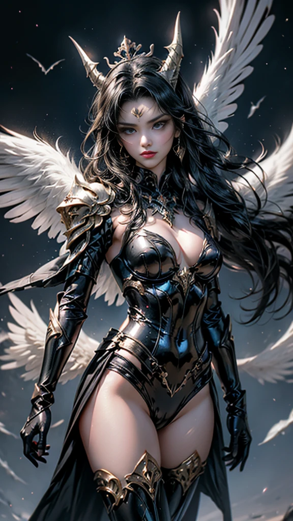 A sexy, tight-fitting but not revealing leather outfit that combines the perfect dynamic elements.: 1.7, Subtle tattoos: 1.6, Fine jewelry: 1.6, Highly detailed skin and facial features: 1.3, Arm and leg details, wings on shoulder, Wings of God and Demon, White and black wings, 16K realistic images, The demon god has wide wings and great power., black bat wings: 1.3, White Angel Wings: 1.5, 6 angel wings, 6 devil wings, สาวสวยlong hairสองเมตร, shiny black hair, Smooth white skinเนียน, red lips, big breasts, small waist, Hip lift, Long legs, Dynamic poses, Slightly concealed armor, Angel wings and devil wings, Floating above the ground, Dark background, Horns grow from the head like a crown., Light from the mountain, Wearing little armor, Sparkling wings, White and black light, , Angel wings and bats, 12 wings, Angel wings and bat wings, long hair, Beautiful black and white tight dress with gold decorations, Embraced by twelve wings, He is white and black., Rainbow from the head, Busty breasts, universe backdrop, dynamic gesture, Smooth white skin, Layered wings alternating black and white, Gold pattern set, ชุดเซ็กซี่รัดรูปที่มีความสมดุลระหว่างความเซ็กซี่และความสง่างาม ประกอบด้วยรายละเอียดที่น่าสนใจ เช่น รอยสักที่ประณีต เครื่องประดับที่สวยงาม และผิวหน้าที่ละเอียด มีปีกที่หลากหลาย ทั้งปีกที่เป็นสัญลักษณ์ของเทพและปีศาจ ซึ่งรวมกัน 12 ปีก แบ่งเป็น 6 ปีกของนางฟ้าและ 6 ปีกของปีศาจ ตัวละครมีlong hairสวยงามสีดำเงา Smooth white skinเนียน และมีท่าทางที่แสดงถึงพลัง เธอสวมชุดสีขาวดำที่ประดับด้วยทอง มีเขางอกออกจากศีรษะเหมือนมงกุฎ และมีแสงสว่างที่เกิดจากเขา ฉากหลังเป็นพื้นมืดที่เน้นความโดดเด่นของตัวละคร รักษาอารมณ์ที่เต็มไปด้วยพลังและความน่าอัศจรรย์ ภาพจะมีความละเอียดสูงถึง 8K และแสดงออกมาในรูปแบบที่น่าดึงดูดใจชุดเซ็กซี่รัดรูปนี้ยังมีรายละเอียดเพิ่มเติมที่น่าทึ่ง โดยยังคงสร้างบรรยากาศแห่งความน่าตื่นตาตื่นใจและความสง่างามในคราวเดียว องค์ประกอบของสัญลักษณ์ที่มีไว้สำหรับเทพและปีศาจได้รับการออกแบบมาอย่างพิถีพิถัน โดยเพิ่มความเข้มข้นให้กับภาพลักษณ์ ด้วยการใช้สีที่ตัดกันและมีชีวิตชีวาในแต่ละชั้นของปีก การโอบกอดด้วยปีกทั้งสิบสองสร้างความรู้สึกของการอยู่เหนือโลก, The black and white light from the layered wings further enhances the mood to match the tense atmosphere. At the same time, it reflects the beauty and boldness of this character. The wings are clearly separated between the angel wings and the succubus wings., Sitting in a sexy pose