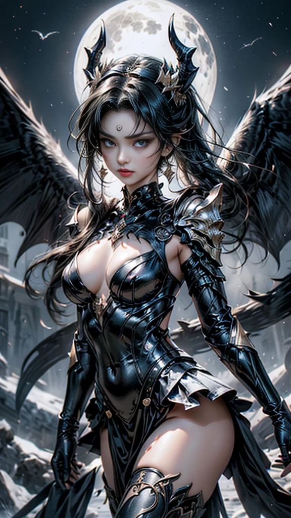 A sexy, tight-fitting but not revealing leather outfit that combines the perfect dynamic elements.: 1.7, Subtle tattoos: 1.6, Fine jewelry: 1.6, Highly detailed skin and facial features: 1.3, Arm and leg details, wings on shoulder, Wings of God and Demon, White and black wings, 16K realistic images, The demon god has wide wings and great power., black bat wings: 1.3, White Angel Wings: 1.5, 6 angel wings, 6 devil wings, สาวสวยlong hairสองเมตร, shiny black hair, Smooth white skinเนียน, red lips, big breasts, small waist, Hip lift, Long legs, Dynamic poses, Slightly concealed armor, Angel wings and devil wings, Floating above the ground, Dark background, Horns grow from the head like a crown., Light from the mountain, Wearing little armor, Sparkling wings, White and black light, , Angel wings and bats, 12 wings, Angel wings and bat wings, long hair, Beautiful black and white tight dress with gold decorations, Embraced by twelve wings, He is white and black., Rainbow from the head, Busty breasts, universe backdrop, dynamic gesture, Smooth white skin, Layered wings alternating black and white, Gold pattern set, ชุดเซ็กซี่รัดรูปที่มีความสมดุลระหว่างความเซ็กซี่และความสง่างาม ประกอบด้วยรายละเอียดที่น่าสนใจ เช่น รอยสักที่ประณีต เครื่องประดับที่สวยงาม และผิวหน้าที่ละเอียด มีปีกที่หลากหลาย ทั้งปีกที่เป็นสัญลักษณ์ของเทพและปีศาจ ซึ่งรวมกัน 12 ปีก แบ่งเป็น 6 ปีกของนางฟ้าและ 6 ปีกของปีศาจ ตัวละครมีlong hairสวยงามสีดำเงา Smooth white skinเนียน และมีท่าทางที่แสดงถึงพลัง เธอสวมชุดสีขาวดำที่ประดับด้วยทอง มีเขางอกออกจากศีรษะเหมือนมงกุฎ และมีแสงสว่างที่เกิดจากเขา ฉากหลังเป็นพื้นมืดที่เน้นความโดดเด่นของตัวละคร รักษาอารมณ์ที่เต็มไปด้วยพลังและความน่าอัศจรรย์ ภาพจะมีความละเอียดสูงถึง 8K และแสดงออกมาในรูปแบบที่น่าดึงดูดใจชุดเซ็กซี่รัดรูปนี้ยังมีรายละเอียดเพิ่มเติมที่น่าทึ่ง โดยยังคงสร้างบรรยากาศแห่งความน่าตื่นตาตื่นใจและความสง่างามในคราวเดียว องค์ประกอบของสัญลักษณ์ที่มีไว้สำหรับเทพและปีศาจได้รับการออกแบบมาอย่างพิถีพิถัน โดยเพิ่มความเข้มข้นให้กับภาพลักษณ์ ด้วยการใช้สีที่ตัดกันและมีชีวิตชีวาในแต่ละชั้นของปีก การโอบกอดด้วยปีกทั้งสิบสองสร้างความรู้สึกของการอยู่เหนือโลก, The black and white light from the layered wings further enhances the mood to match the tense atmosphere. At the same time, it reflects the beauty and boldness of this character. The wings are clearly separated between the angel wings and the succubus wings., Sitting in a sexy pose