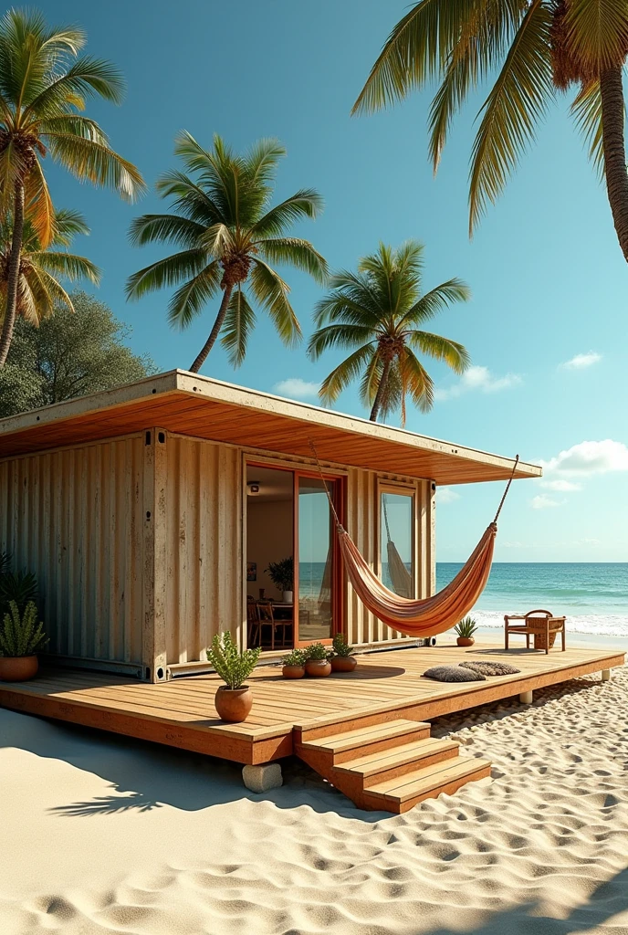 Retro hippie container house on the beach with a deck and a hammock 