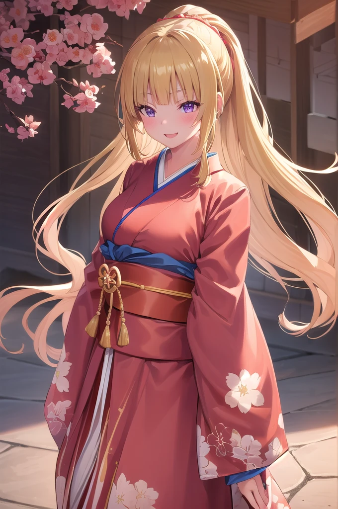 kei karuizawa, (japanese clothes, red kimonos:1.5, floral print, kimono, print kimono, sash, wide sleeves, obi), beautiful girl wearing traditional japense komona, Long Hair, bangs, blunt bangs, (Purple eyes:1.1), Blonde, hair ornaments, ponytail, Scrunchie, blue Scrunchie, smile, break outdoors, Many red cherry blossom petals fall one after another,, A fantastic sight, (Perfect hands, Perfect Anatomy), break looking at viewer, upper body, (Cowboy Shot:1.5), break (masterpiece:1.2), Highest quality, High resolution, unity 8k wallpaper, (figure:0.8), (Beautiful attention to detail:1.6), Highly detailed face, Perfect lighting, Highly detailed CG, (3D Face:1.1), (Shiny skin:1.5), (超High resolution intricate face details), (Facial skin pores:1.3), 超High resolution cloth texture, 大きなsmile, Blushing, Open your mouth