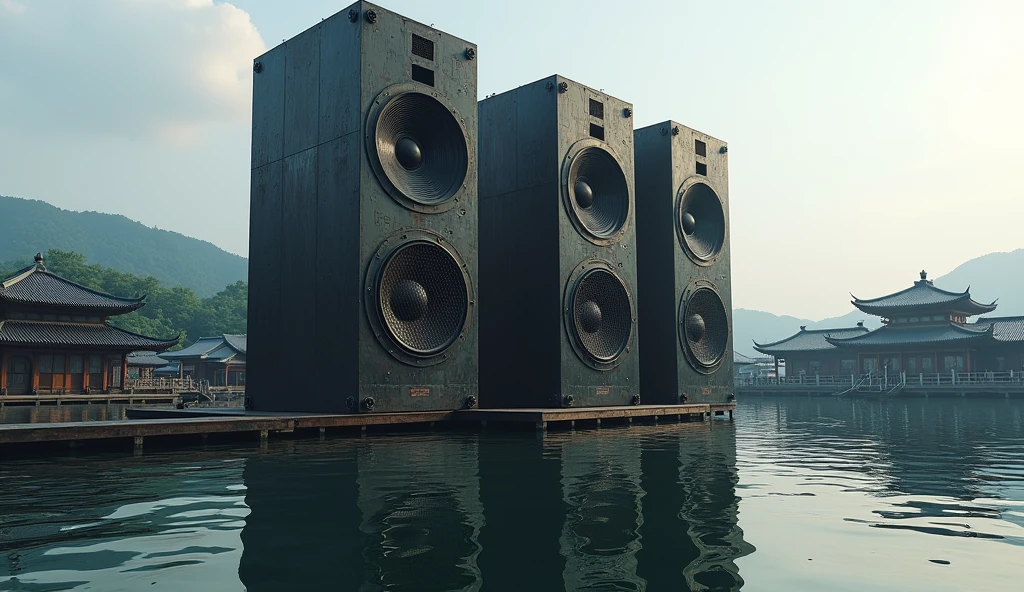 Black reggae speakers, wall-like, placed in a Japanese harbor