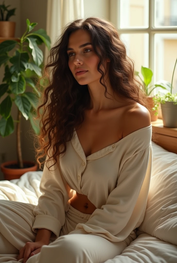 (photorealism:1.2), beautiful woman, sitting on bed, wearing loose off-shoulder top, pajama pants, long curly hair, indoors, soft lighting, plants in background, window with sunlight, cozy room, relaxed pose, realistic, intricate details, warm colors, by Greg Rutkowski, by Alphonse Mucha