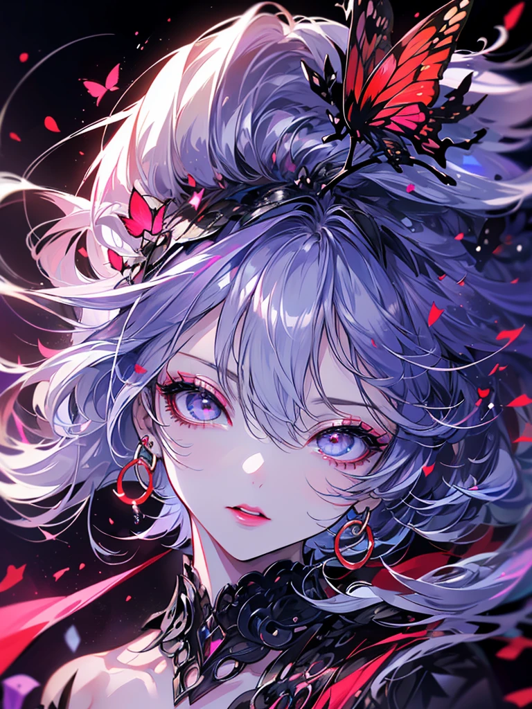 (((Very detailed, 8K quality))),,Hair above one eye, Red eyes, Clear Eyes, choker,Dark atmosphere,Nuns,Silver Hair,Long Hair,Eye patch,Red butterfly flapping its wings,Red Moon,night,Dark Clouds,Vampire Hunter,red nails,Wearing a black lace veil,View from the front ,Anime Style, Movie Portrait Photography,,椅子にsit、Red eyesの背景, Big and ample breasts,, (Scarlet Hair), Long Hair, Purple eyes,  (Natural skin texture Sharp details, Surreal, (Realistic eyes, Natural skin texture, Realistic facial details), Written boundary depth, Bokeh, Sharp details, Surreal, 35mm Film, Blurred, ,lipstick, ear piercing, eye shadow, Hoop Earrings, Red pink lips, 多色のRed eyes, Purple Theme,Wear an iridescent aura,Beautiful Eyes,Standing in front of the red gate、Leaning forward,drooping bangs,sit,point a gun at someone,Photograph the whole body,Composition looking up from below