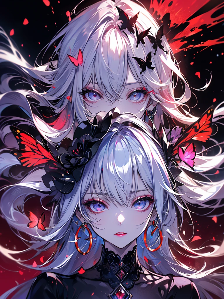 (((Very detailed, 8K quality))),,Hair above one eye, Red eyes, Clear Eyes, choker,Dark atmosphere,Nuns,Silver Hair,Long Hair,Eye patch,Red butterfly flapping its wings,Red Moon,night,Dark Clouds,Vampire Hunter,red nails,Wearing a black lace veil,View from the front ,Anime Style, Movie Portrait Photography,,椅子にsit、Red eyesの背景, Big and ample breasts,, (Scarlet Hair), Long Hair, Purple eyes,  (Natural skin texture Sharp details, Surreal, (Realistic eyes, Natural skin texture, Realistic facial details), Written boundary depth, Bokeh, Sharp details, Surreal, 35mm Film, Blurred, ,lipstick, ear piercing, eye shadow, Hoop Earrings, Red pink lips, 多色のRed eyes, Purple Theme,Wear an iridescent aura,Beautiful Eyes,Standing in front of the red gate、Leaning forward,drooping bangs,sit,point a gun at someone,Photograph the whole body,Composition looking up from below