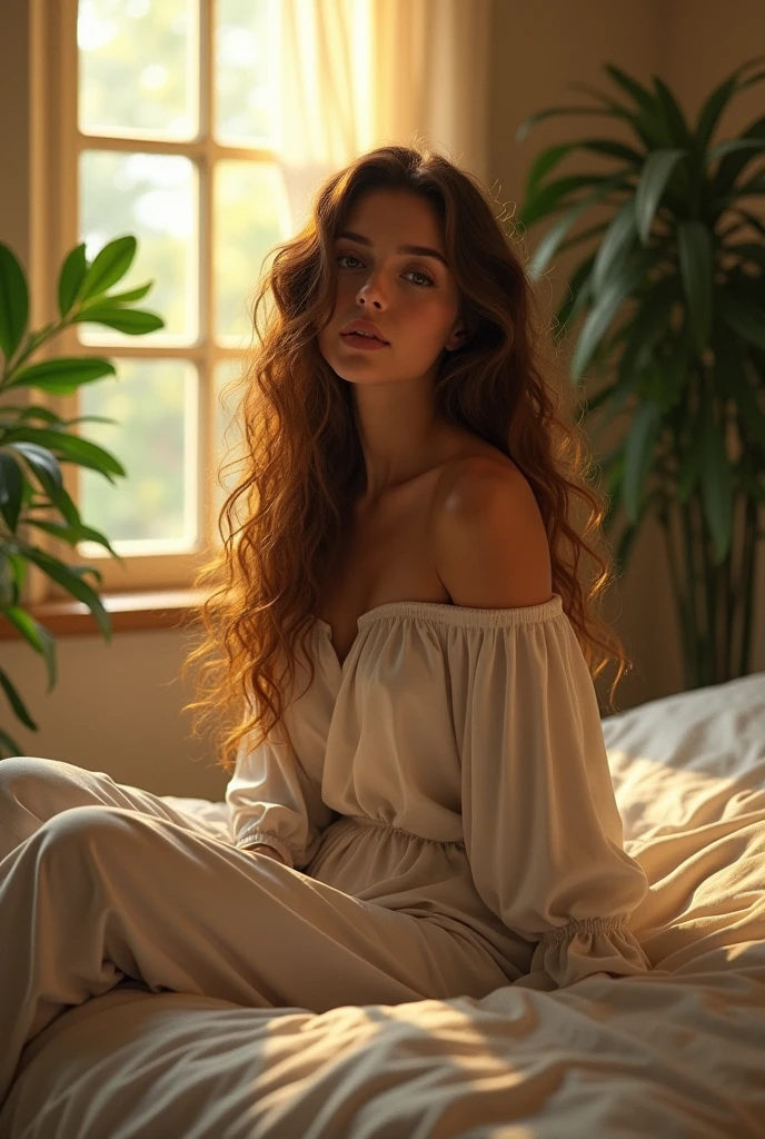 (photorealism:1.2), beautiful woman, sitting on bed, wearing loose off-shoulder top, pajama pants, long curly hair, indoors, soft lighting, plants in background, window with sunlight, cozy room, relaxed pose, realistic, intricate details, warm colors, by Greg Rutkowski, by Alphonse Mucha