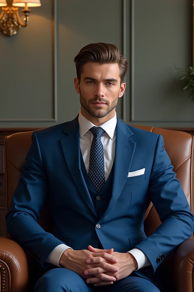"A man wearing a blue suit sitting on a chair with a simple gentleman haircut in a realistic style."