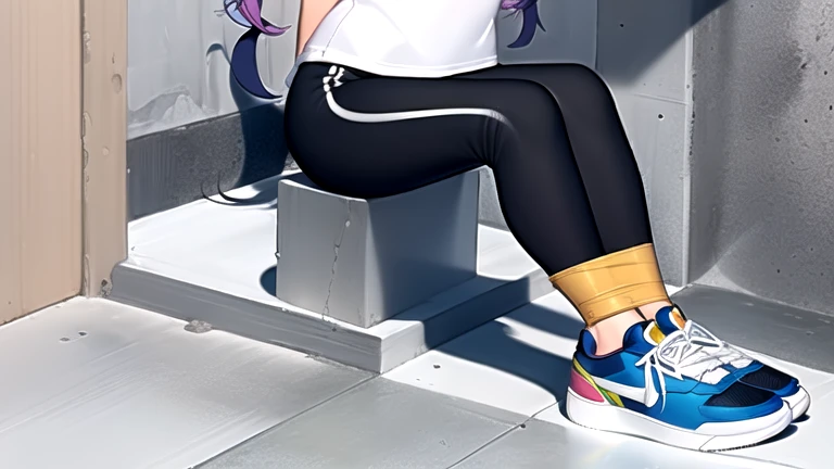 ((twin tails)), ((simple_background)), ((concrete floor, concrete wall)), ((underground room)), ((arms behind back)), ((scowl)), ((sitting on the knees)), ((tape gag)), ((helpless)), ((calm)), ((struggling)), (t-shirts ,tights pants, long black pants, sport shoes), comic style